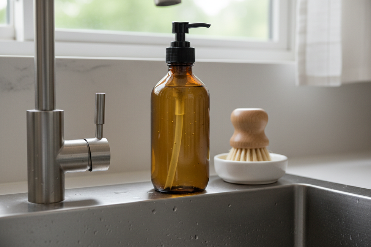 8 oz glass amber bottle with a black pump and clear liquid soap inside on a kitchen sink