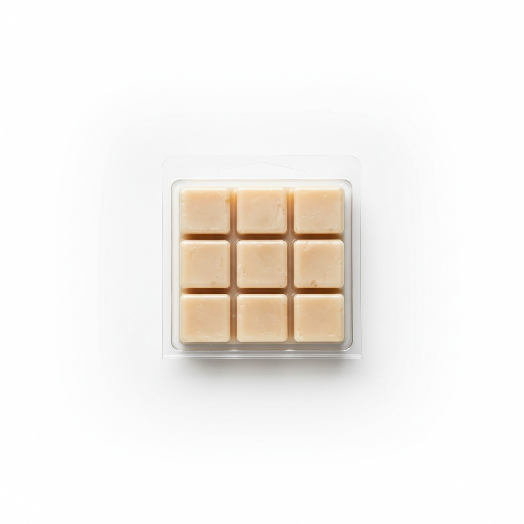 beige colored square wax melts in a plain 6 pack plastic container