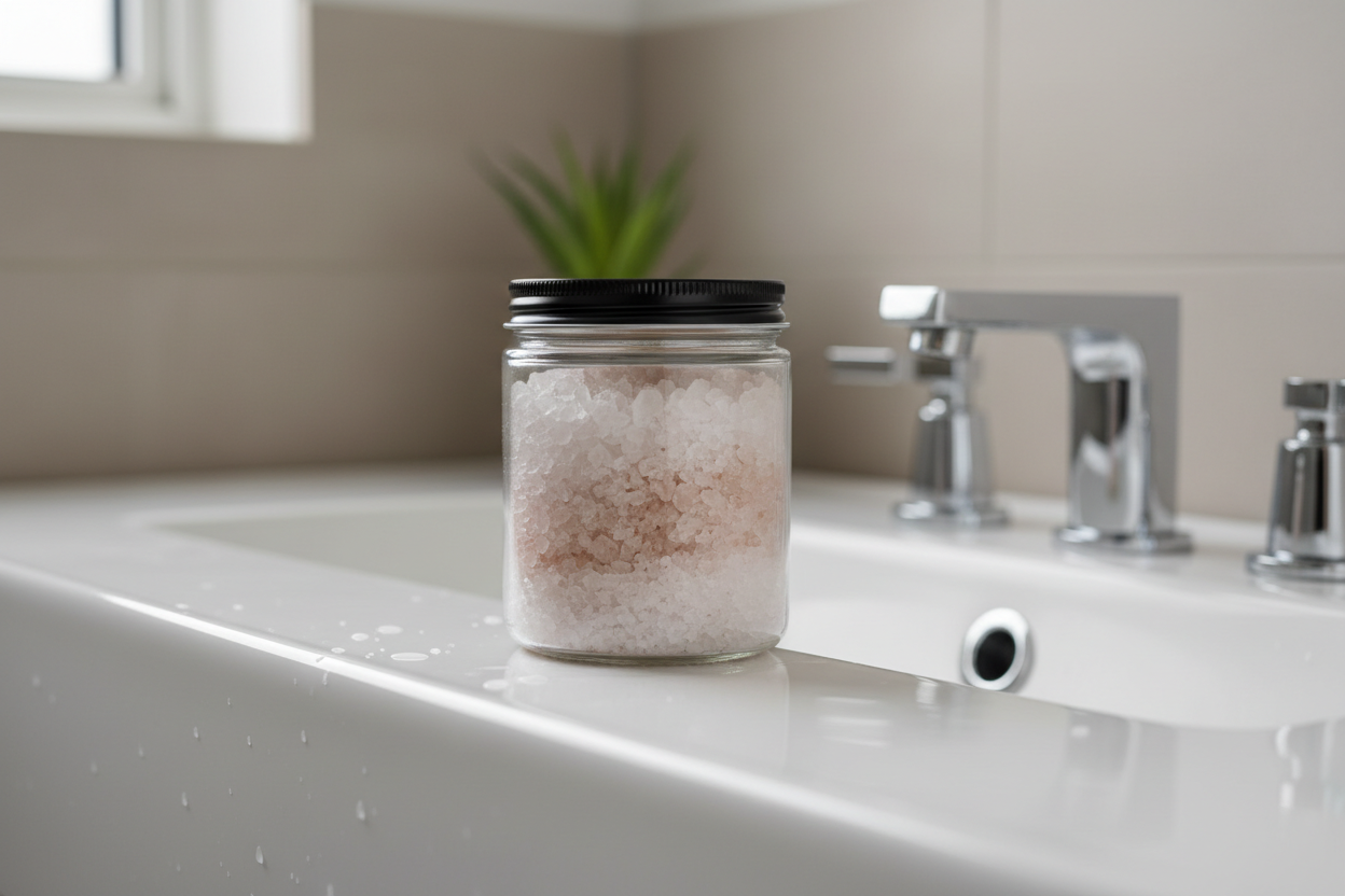 clear and pink bath soak in an 8 oz glass jar with a black lid sitting on a bathroom sink