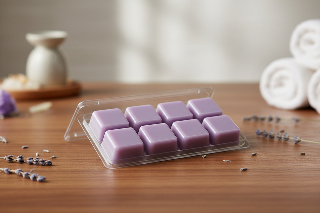 lavender colored square shaped 6 pack of wax melts in clear plastic container sitting on a wooden table