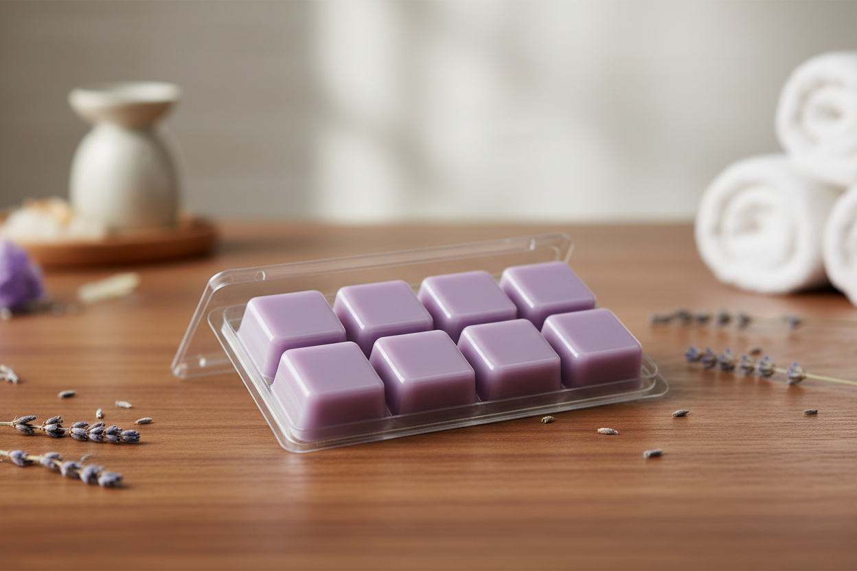 lavender colored square shaped 6 pack of wax melts in clear plastic container sitting on a wooden table