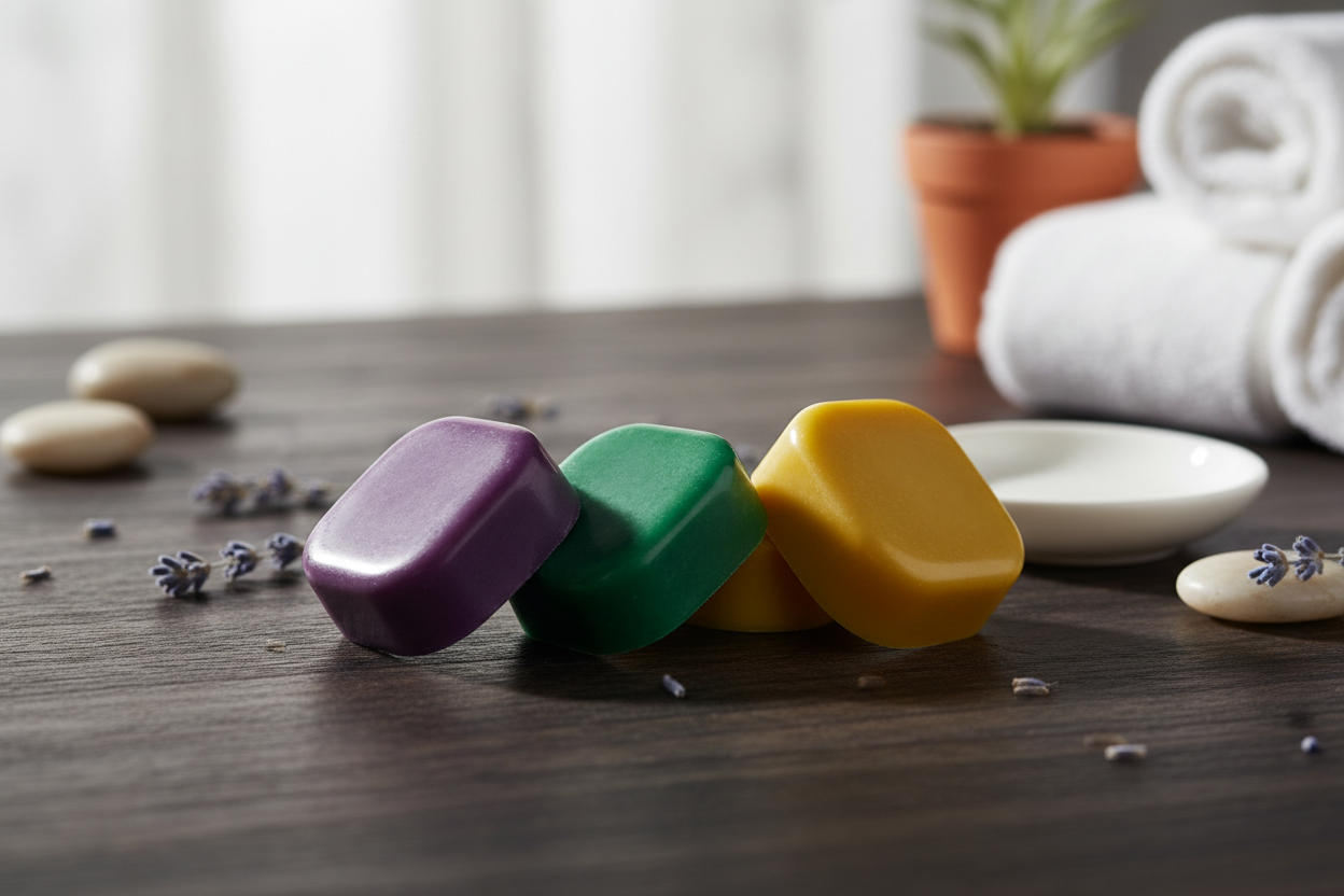purple, green and yellow wax melts sitting on a dark wood table together