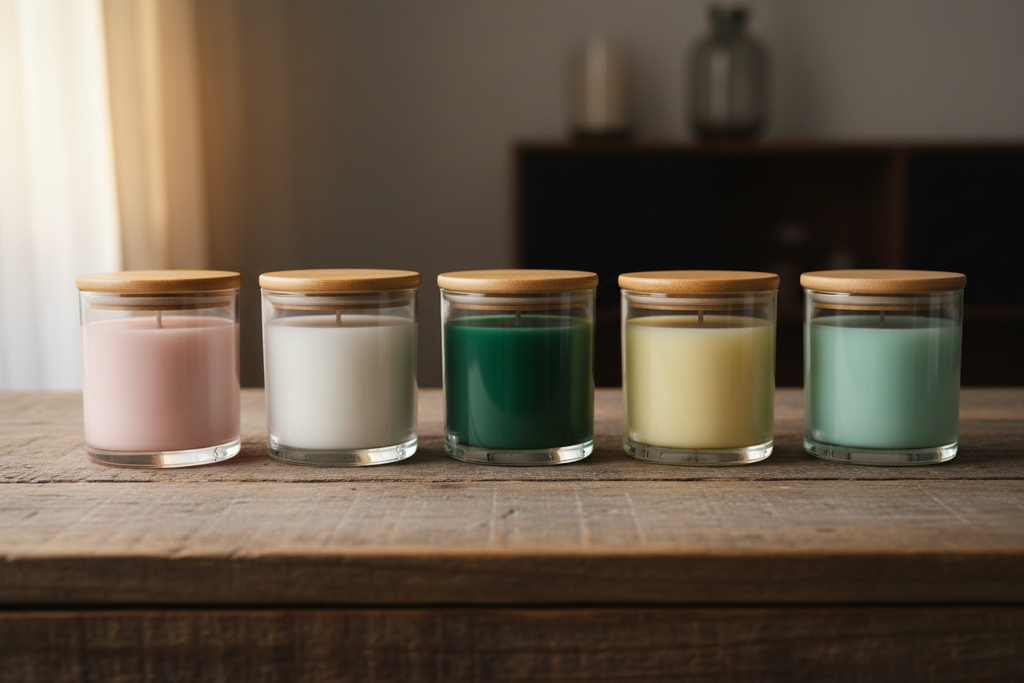 six 10 oz glass candles on a wood table. one light pink, one lavender, one white, one dark green, one light yellow and one seafoam green. all with bamboo lids