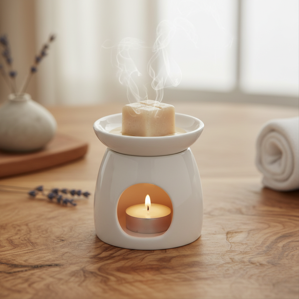 square beige wax melt in a wax warmer on a wood table