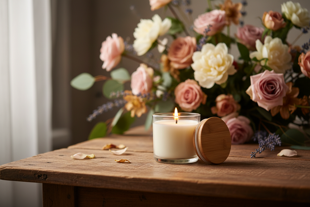 white 12 oz candle in a clear glass jar with a bamboo lid lying on a wood table and the candle lit with flowers in the background