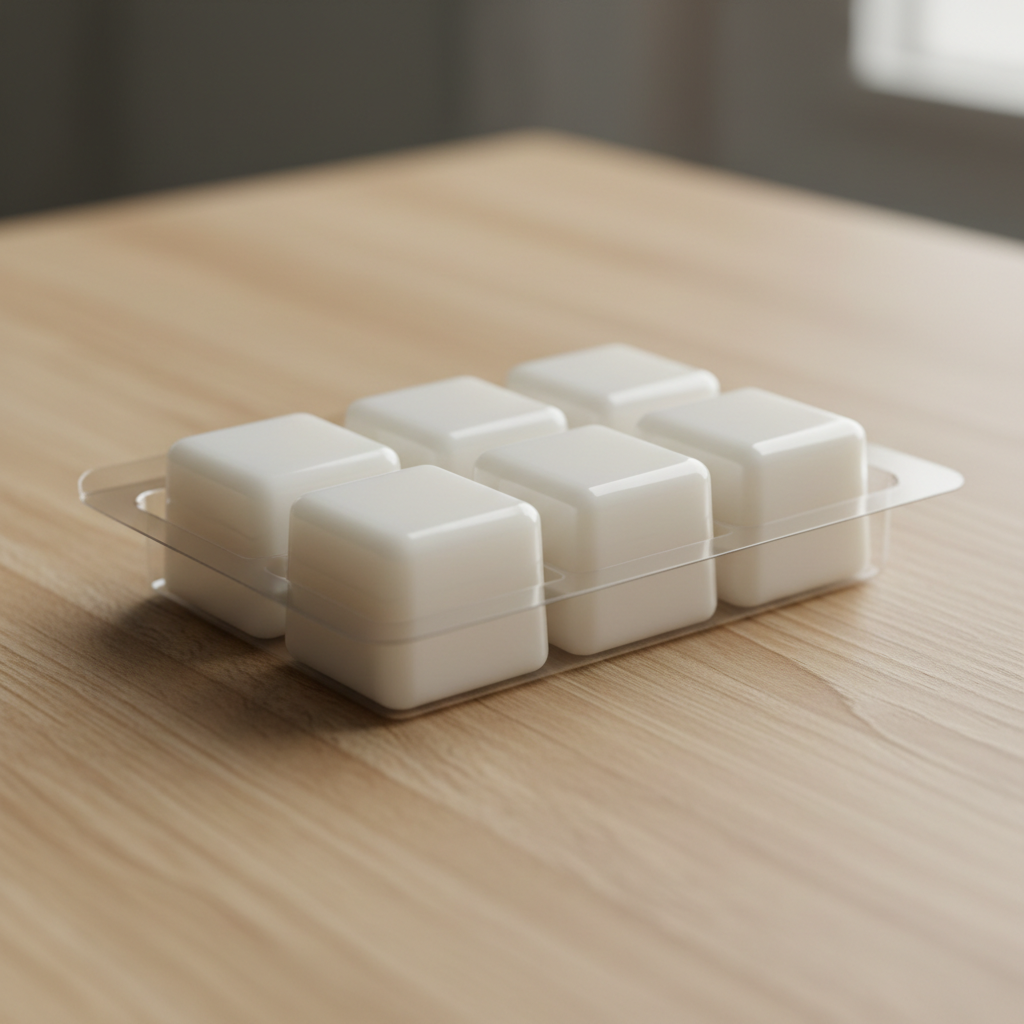 white square wax melts in a clear 6 pack plastic container with no label on a wooden table